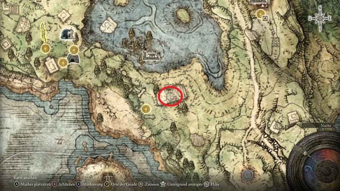 A map screen in Elden Ring showing the location of the Bloody Finger Yura.