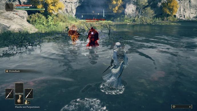 A fight with a red enemy in a lake in Elden Ring.