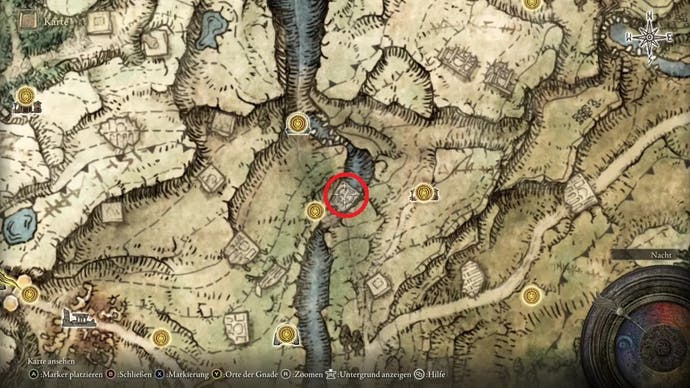 A map screen from Elden Ring showing the location of Bloody Finger Yura's third location.