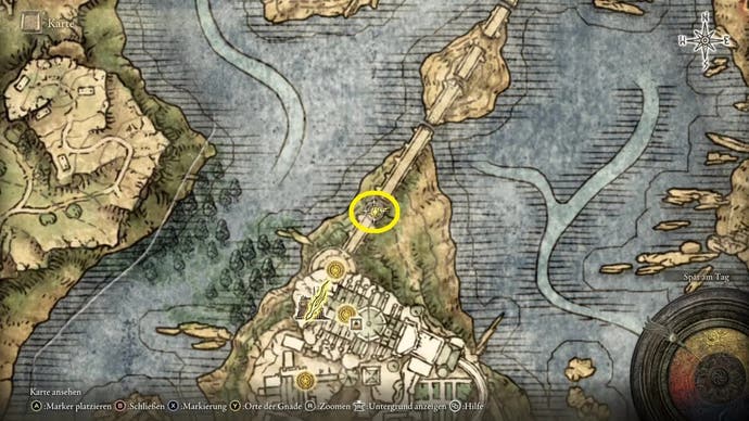A map screen from Elden Ring showing a location in the centre of a lake.