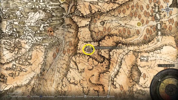 A map screen in Elden Ring showing the location of Bloody Finger Yura on his fourth location.