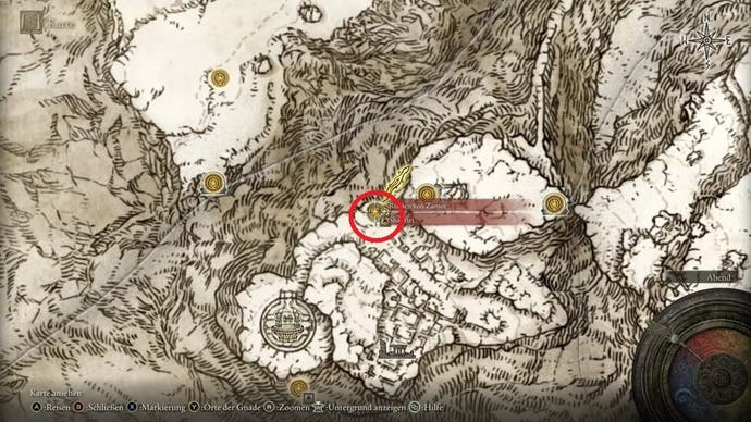 A map screen in Elden Ring showing the fifth location of Bloody Finger Yura in the mountains.