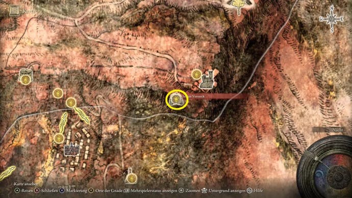 A map screen in Elden Ring showing the location of the Sellia Hideaway cave entrance in Caelid.
