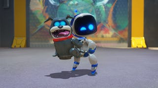 Astro Bot turns to camera with a robot dog on his back.