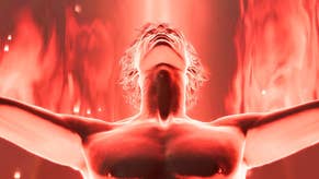 Baldur's Gate 3 character Astarion, close up, topless, arms wide and looking upwards, bathed in the red glow of power.