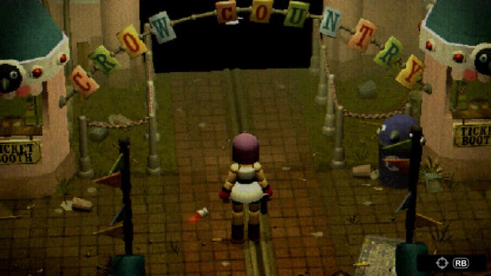 Mara stands at the entrance to Crow Country. A banner spelling out the theme park's name straddles a dirty, empty entryway.