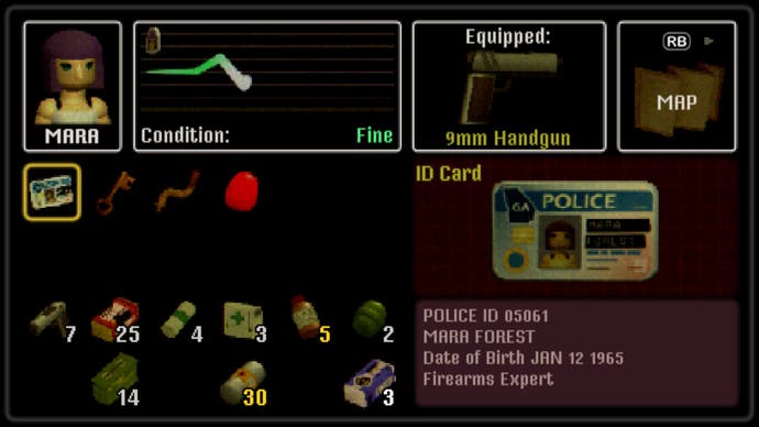 Crow Country's inventory screen. It shows a lifeline, equipped weapon, map, and then all the items within here inventory. There's a lot.