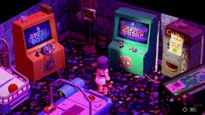 Crow Country official screenshot showing the main character in a room full of retro arcade machines, lit by a flourescent pink glow