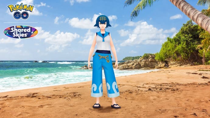 Female Pokemon Go avatar standing by the shore in Lana inspired avatar items for the Shared Skies Go Battle League event.