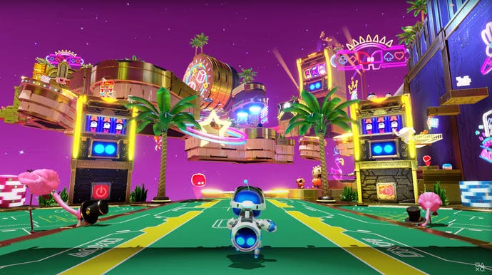 Screenshot of Astro Bot looking up at a gold and purple casino-themed platforming level from the Astro Bot trailer.
