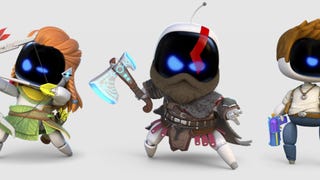 Aloy, Kratos, and Nate Drake-inspired Astro Bots stand in a row
