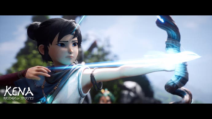 Kena: Bridge of Spirits screenshot showing young Spirit Guide Kena aiming with a bow and arrow