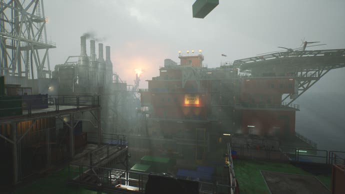 Still Wakes the Deep official screenshot showing the exterior of an oil rig against a grey sky