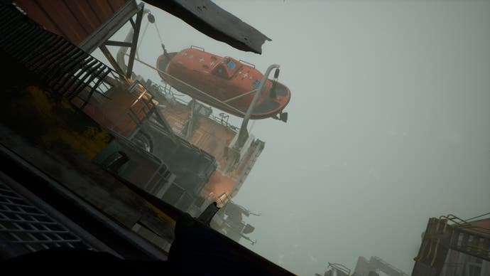Still Wakes the Deep official screenshot showing emergency boats and staircases as you look down the side of an oil rig towards the ocean from up high