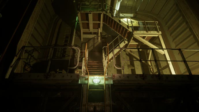 Still Wakes the Deep official screenshot showing a dimly lit staircase in an oil rig